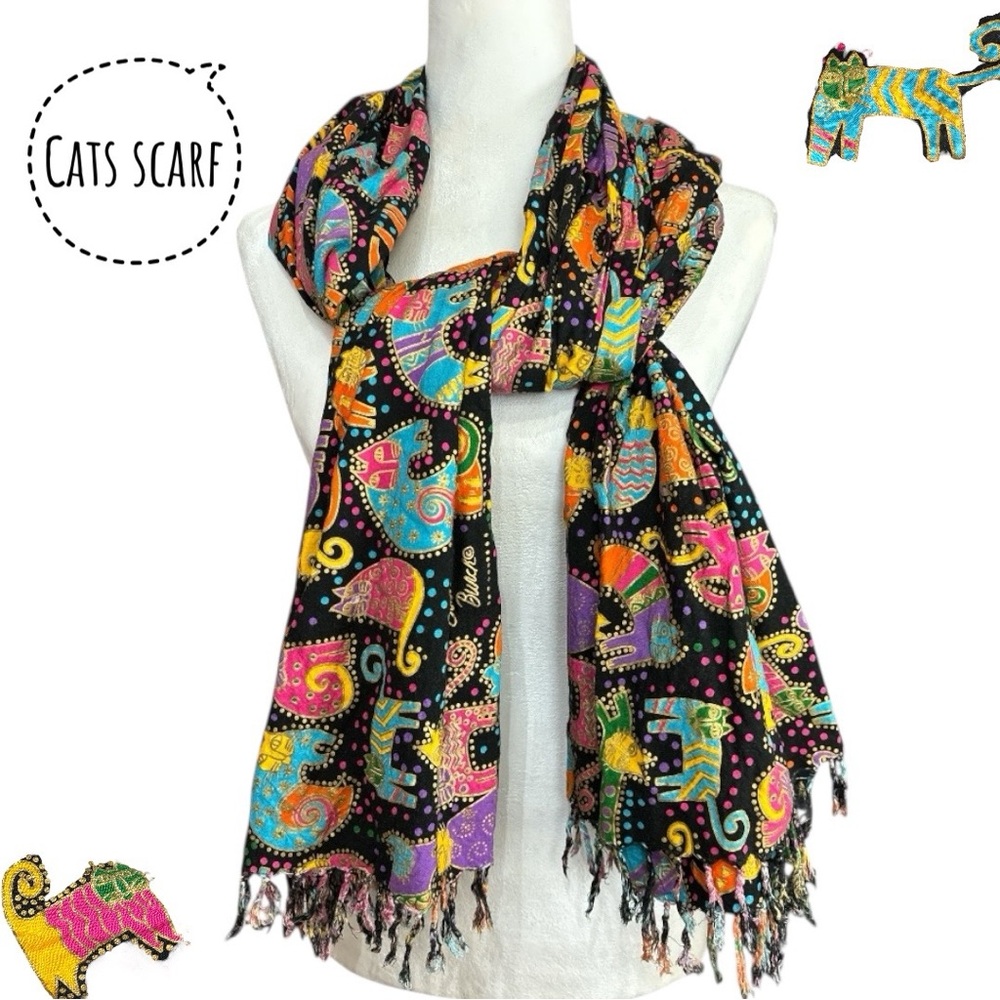 VTG Laurel Burch vintage Rayon cat scarf for sun n sand Women's Scarf
